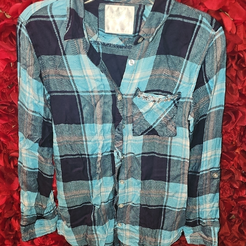 Justice Girls Blue and Black Plaid Shirt Rhinestone Pocket Size 10